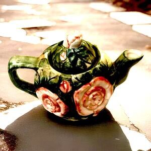 Child’s Miniature Ceramic Green Teapot with Pink Roses and Lid